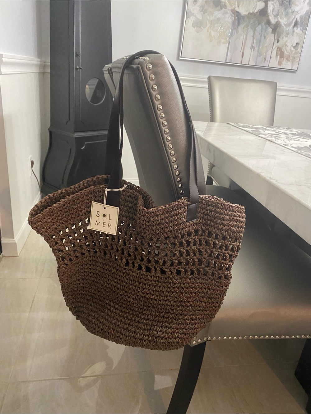Sol & Mer Brown Woven Tote Bag with Leather Handles